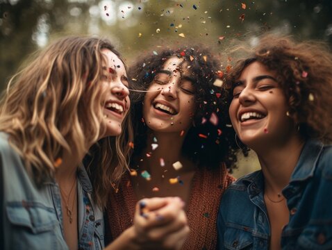 Happy female friends at party, generative ai