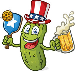 A patriotic pickleball mascot drinking a big mug of beer and wearing an uncle sam hat ready to serve up some all american action vector illustration