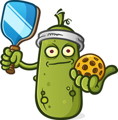 A pickleball mascot wearing a blue baseball cap and ready to serve up a rousing game of pickleball vector illustration - 600598960