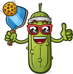 A happy pickleball cartoon mascot with a racket and ball wearing sunglasses and giving a thumbs up vector illustration - 600598962
