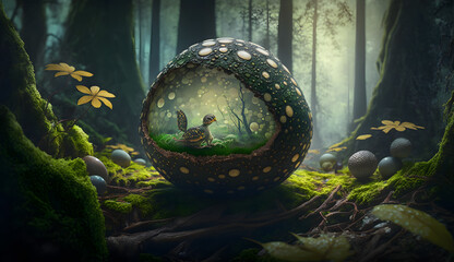 Fantasy background illustration of a magical fantasy egg hunt in the springtime.
