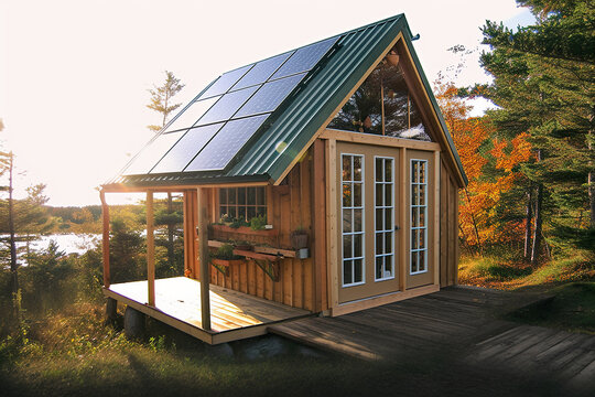 A small cabin, tiny house with a solar panel on the roof. Generative AI.
