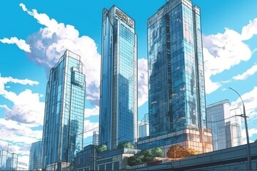 Obraz premium 晴れた空と高層ビル群：AI作品 