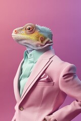 Chameleon fashion in pink suit. Generative AI. 