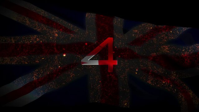 Five seconds Countdown Timer with  Abstract UK flag fire burst animation abstract background.  Five to zero count down art effect counting timer abstract background.