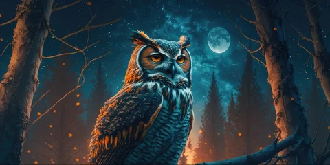 Foto op Plexiglas Uiltjes The owl surrounded by forest at night. distinct generative AI image.