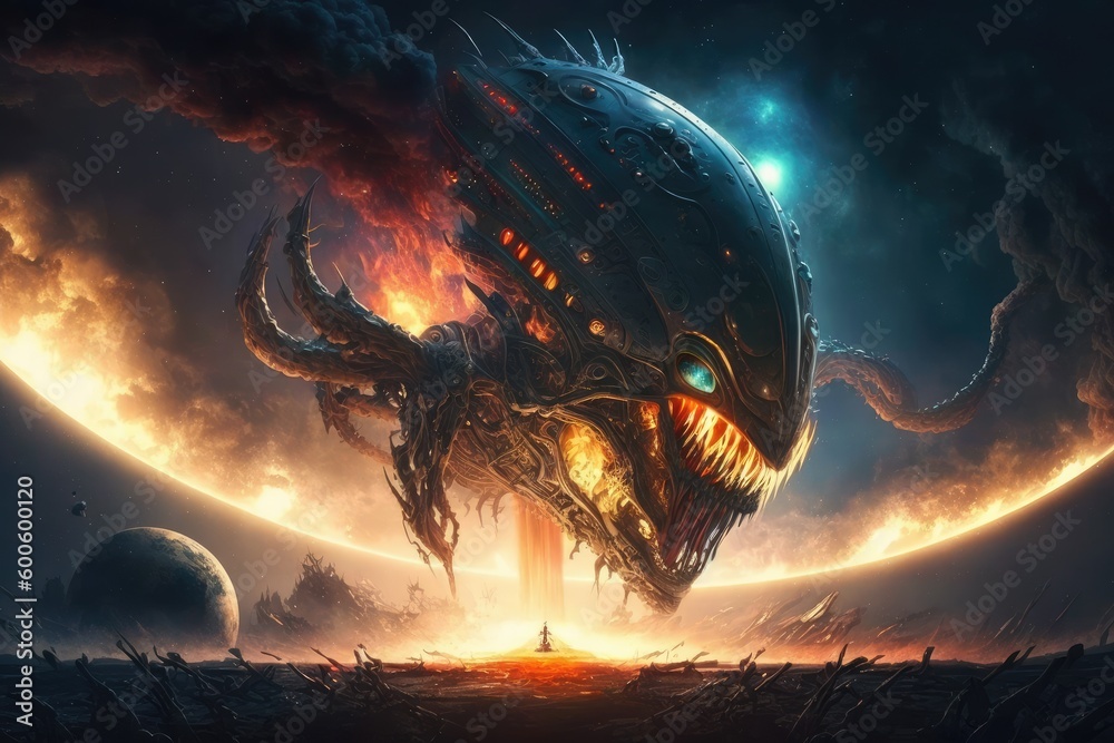 Poster space war human and alien in outer space for star colony. distinct generative ai image.