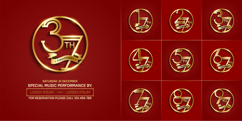 set of anniversary logotype golden color in circle and ribbon for special celebration event