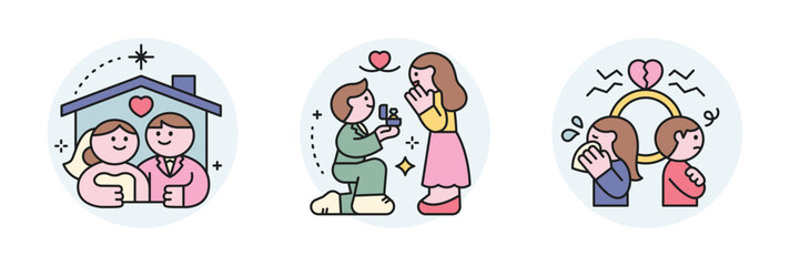 Wedding day. Newlyweds' house, proposal, breakup.