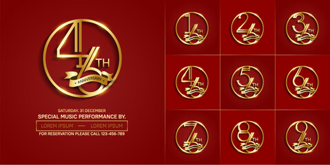 set of anniversary logotype golden color in circle and ribbon for special celebration event