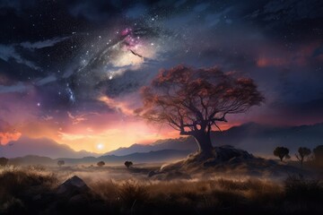 Fototapeta na wymiar Landscape with galaxy background with fantasy night starry sky. distinct generative AI image.