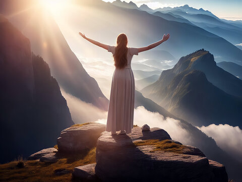 Spiritual Reflection, Image of a Woman Praying with Arms in Air on Top of Mountain at Sunset, created with Generative AI technology
