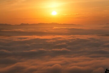 大撫山から見た朝日を浴びて輝く雲海の情景