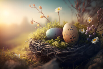 Decorated easter eggs in a magical springtime forest setting