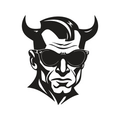 devil wearing sunglasses, vintage logo line art concept black and white color, hand drawn illustration
