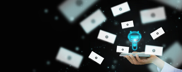 Chatbot creates video concept. VDO clips are produced by generative AI with Language model technology. A man's hand holds a smartphone with vdo generated by artificial intelligence