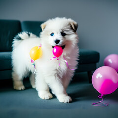 Fototapeta na wymiar cute fluffy puppy playing with balloons made with generative AI