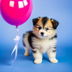 cute fluffy puppy with pink balloon made with generative AI