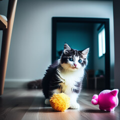 sweet cat playing with its toy made with generative AI