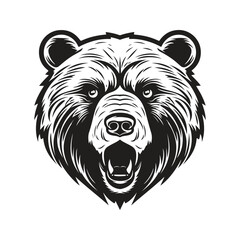 grizzly bear mascot, vintage logo line art concept black and white color, hand drawn illustration
