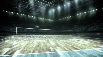 Stadium 3d render volleyball arena in spotlights.