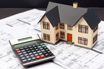 concept house model with money and calculator,  Generative AI