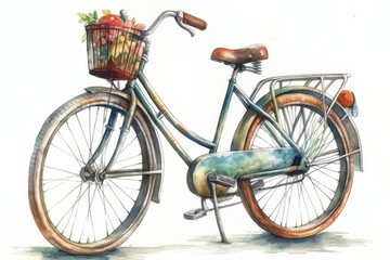 Fototapeta na wymiar Watercolor, Old bicycle in a basket, on a summer day, generative ai