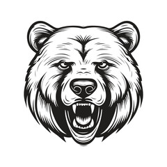 grizzly bear mascot, vintage logo line art concept black and white color, hand drawn illustration