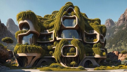 Fototapeta premium The Hive - Sci-fi futuristic brutalist architecture style building structure with cylindrical pattern and lush vegetation façade - Generative AI Illustration