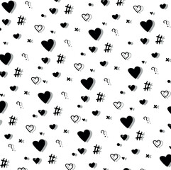 Monochrome cluster of hearts, question marks, lattice, dots and crosses