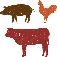 クレヨンタッチの鶏、豚、牛肉のアイコン