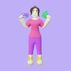 3d Illustration of Woman Holding Credit Card and Cash Money