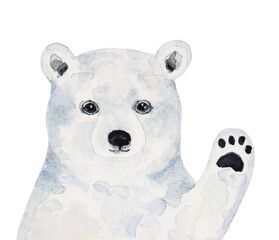Watercolour illustration of cute little polar bear cub with waving hand saying hello. Hand painted water color sketchy drawing on white background, cut out clipart element for design decoration. - 600603195