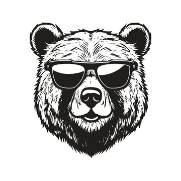 grizzly bear wearing sunglasses, vintage logo line art concept black and white color, hand drawn illustration