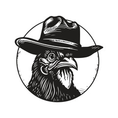 rooster wearing hat, vintage logo line art concept black and white color, hand drawn illustration