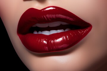 close up red lips with white teeth open mounth