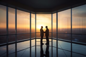Fototapeta na wymiar silhouette of people in the office, handshake at sunset