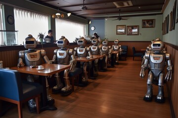 Fototapeta na wymiar robots sitting in the restaurant 