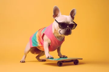 Schilderijen op glas puppy wearing glasses with skateboard © RJ.RJ. Wave