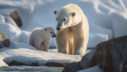 Fototapeta na wymiar polar bear with her child on the ice 