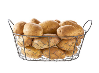 fresh raw potatoes in a metal basket isolated on white background.