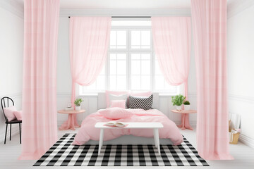 interior of a Light, cute, and cozy home bedroom interior with unmade white bed, square pink cushions, and pink plaid on an empty white wall background, Generative AI 
