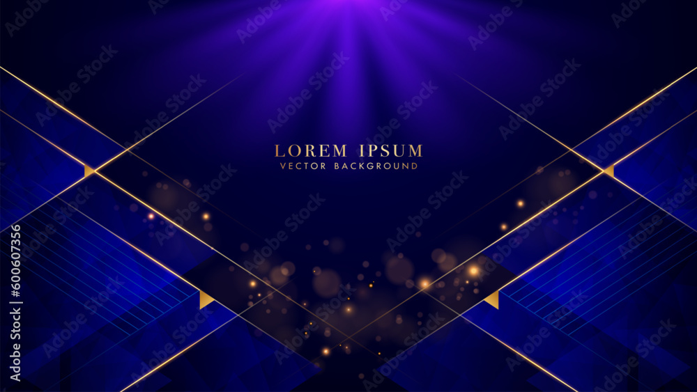 Sticker blue triangle elegant shine with slant golden lines, rays sparkle glowing effect and bokeh elements.