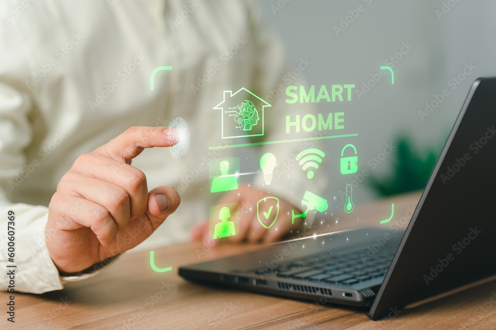 Aufkleber Iot or Internet of Things of smart home automation app concept. Adult man controlling technology AI smart home devices using a laptop computer with launched application in the bed room.