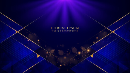 Blue triangle elegant shine with slant golden lines, rays sparkle glowing effect and bokeh elements. Modern Abstract style vector design
