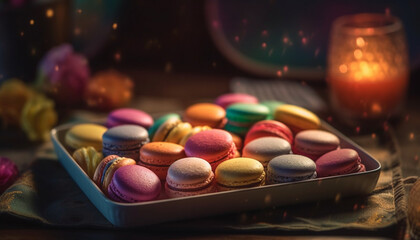 A rustic table with baked pastries, macaroons, and French culture generated by AI