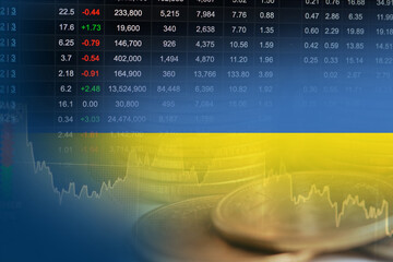 Ukraine flag with stock market finance, economy trend graph digital technology.