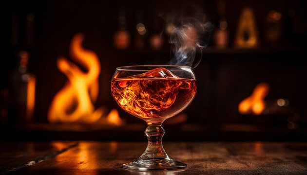 The glowing flame burned the wood table, whiskey and cigar generated by AI