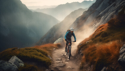 One person conquers mountain peak on bicycle, enjoying healthy lifestyle generated by AI