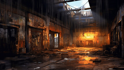 An eerie abandoned warehouse with rusty metal walls, broken windows, and shadows lurking in the corners. generative ai.